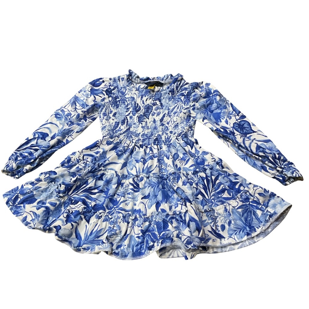 Ralph Lauren Cotton Blue and white Smocked Bodice long sleeve Floral Dress NWOT - Picture 2 of 10